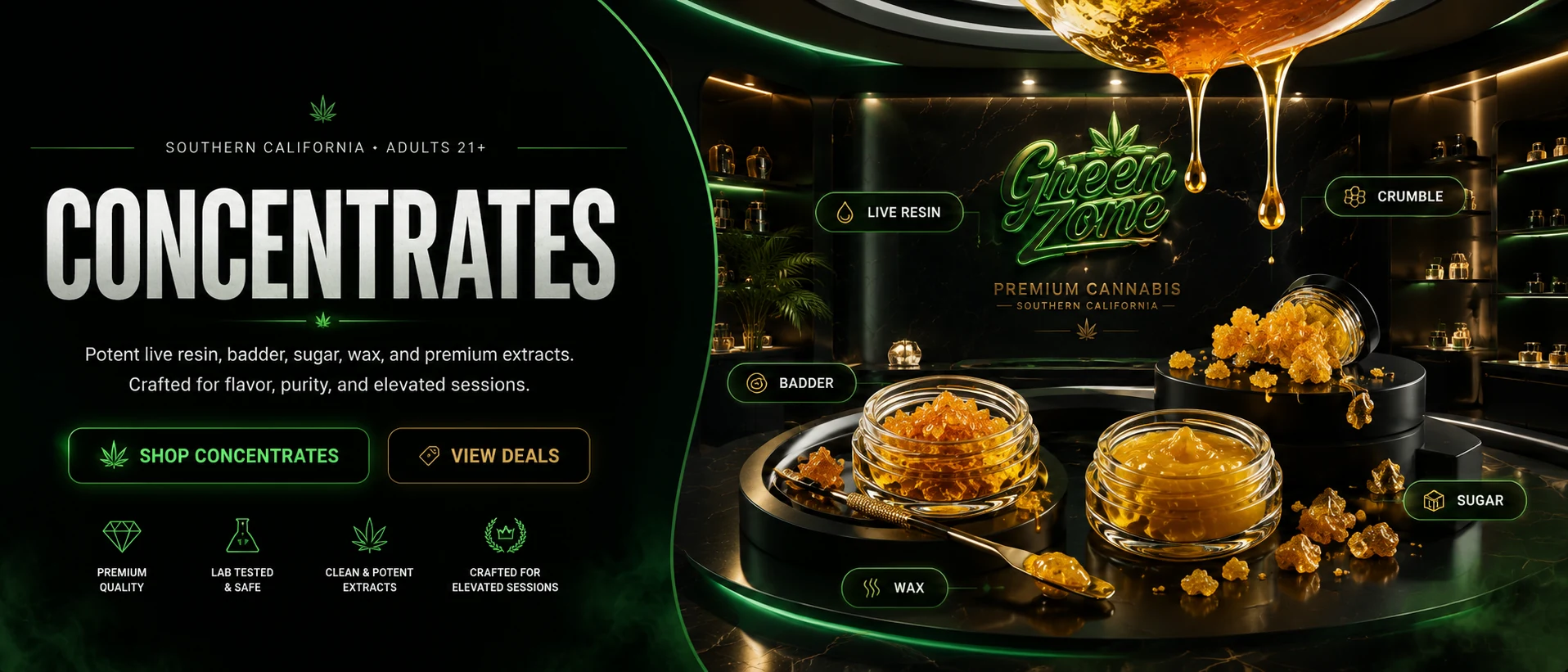 Green Zone Concentrates — live resin, badder and sugar in glass jars under warm amber light