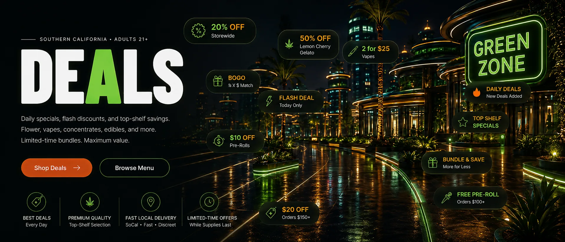 The Green Zone district at night — neon storefronts and palm trees reflected in wet pavement beneath a lit Green Zone sign