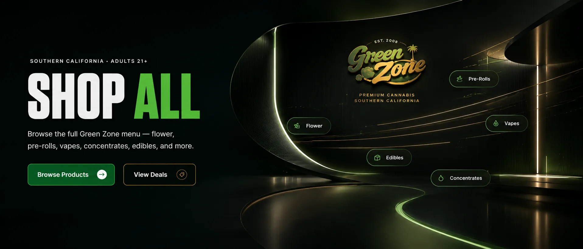 The Green Zone showroom — a dark curved gallery lit by green and gold architectural lines, with the Green Zone logo at its centre