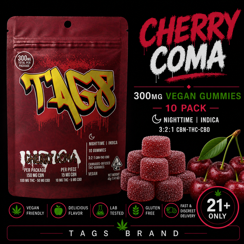 TAGS | Cherry Coma | 300mg Vegan Gummies | 10 Pack