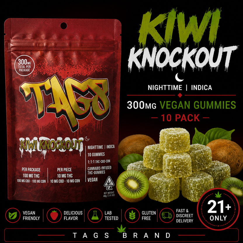 TAGS | Kiwi Knockout | 300mg Vegan Gummies | 10 Pack