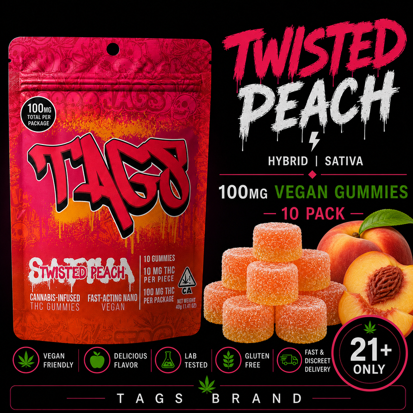 TAGS | Twisted Peach | 100mg Vegan Gummies | 10 Pack