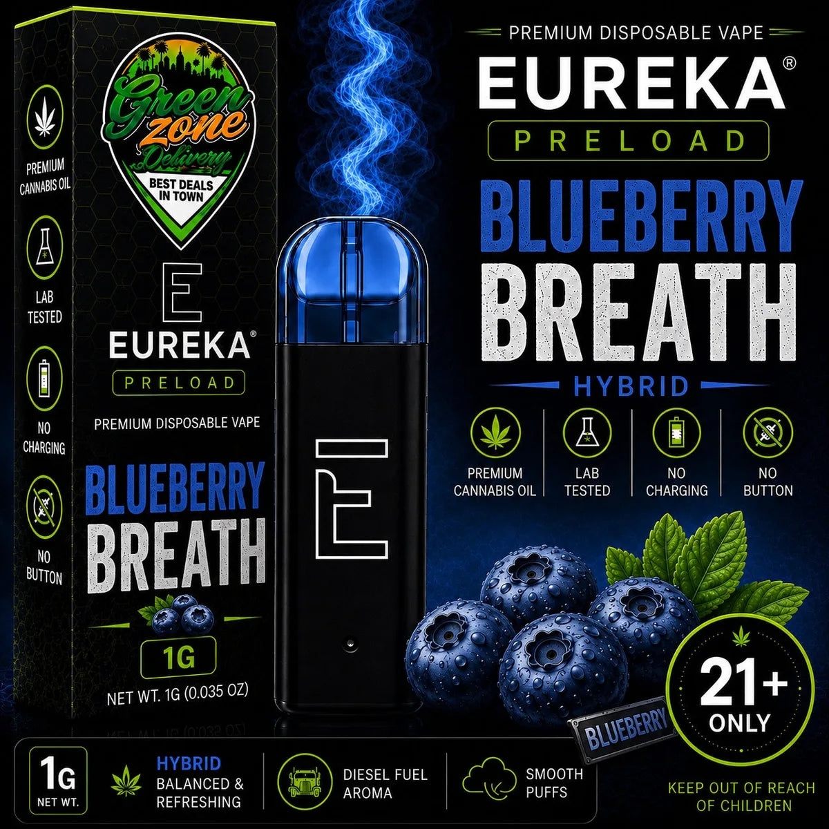 EUREKA PRELOAD Blueberry Breath 1g Green Zone Delivery Product Image