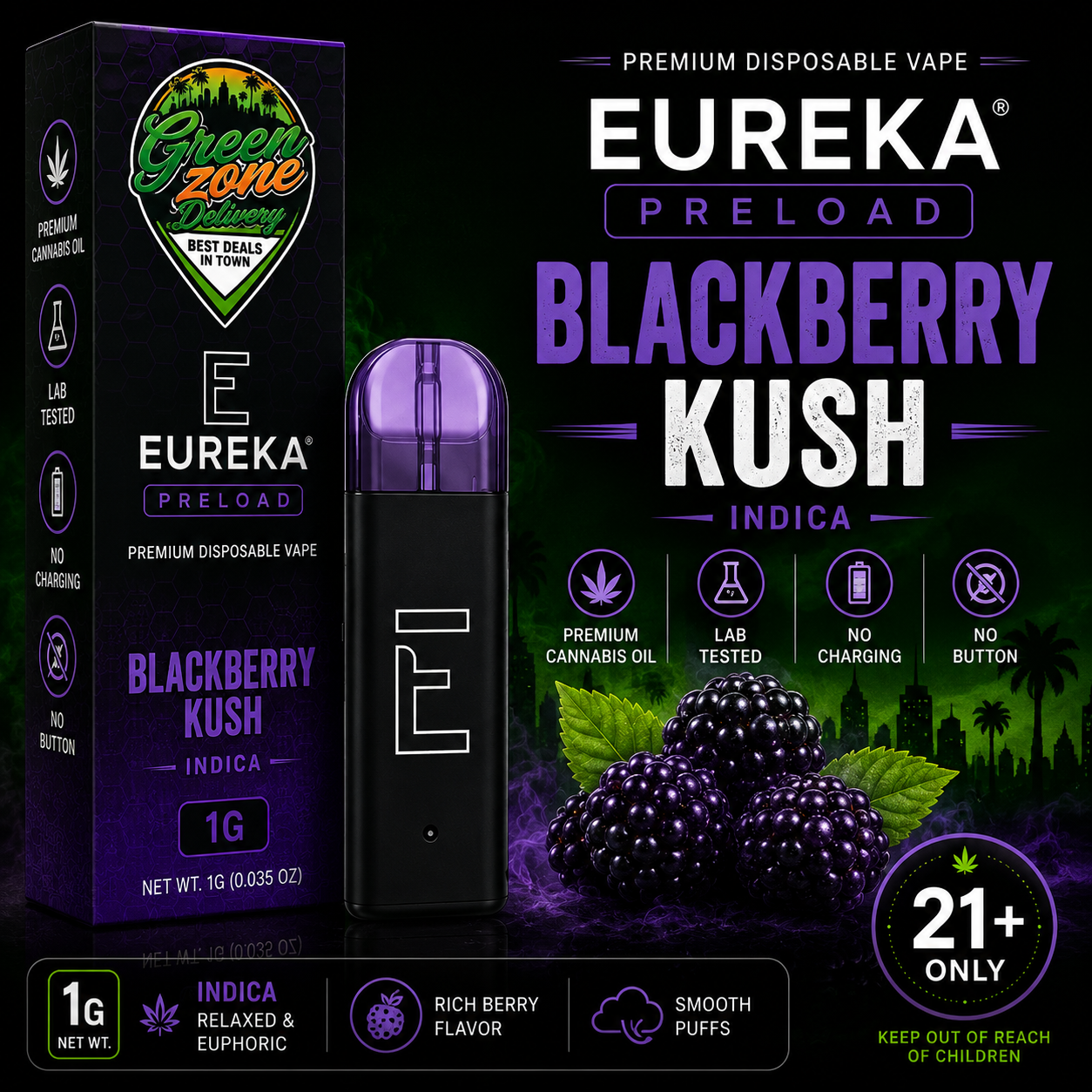 EUREKA PRELOAD Blackberry Kush 1g Green Zone Delivery Product Image