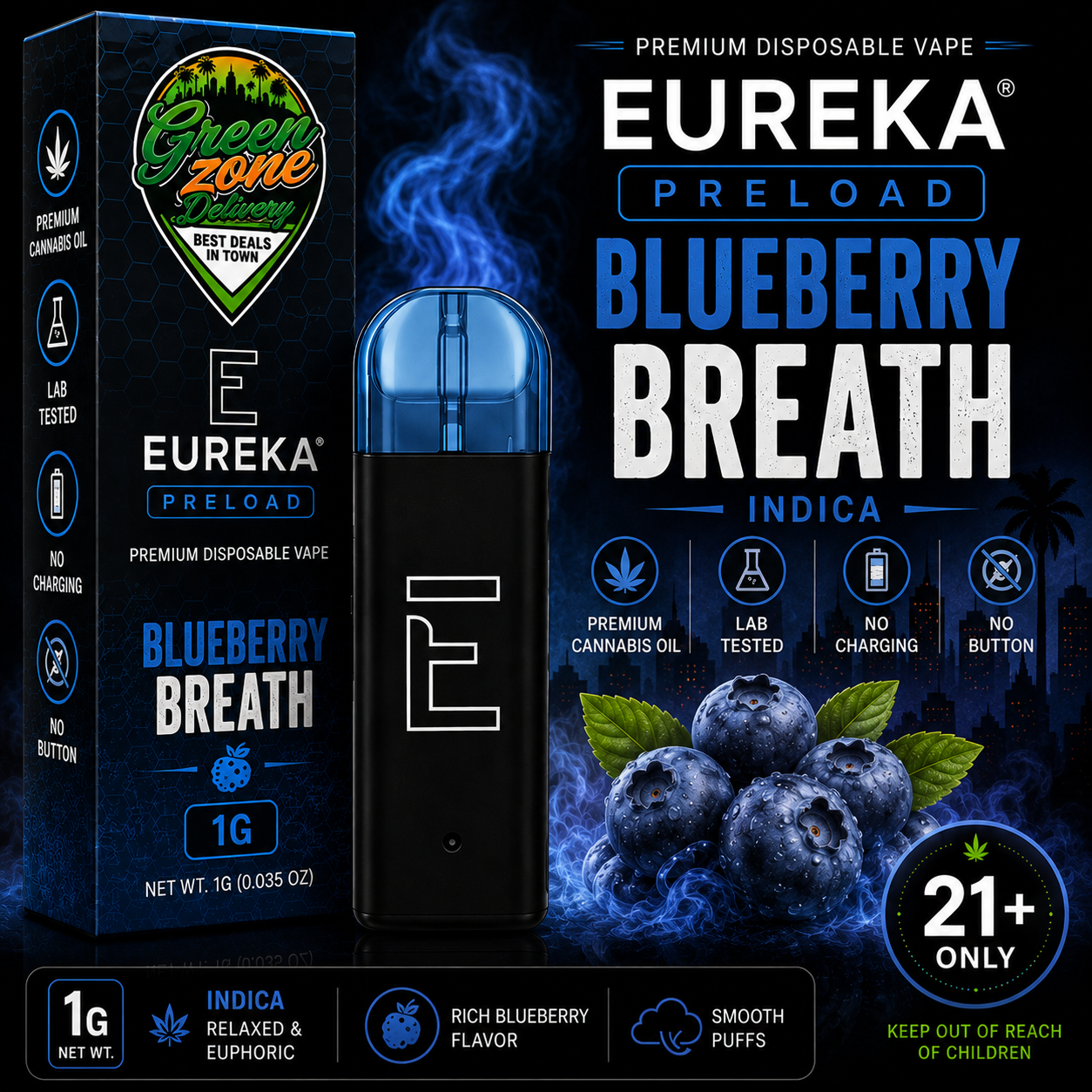 EUREKA PRELOAD Blueberry Breath 1g Green Zone Delivery Product Image
