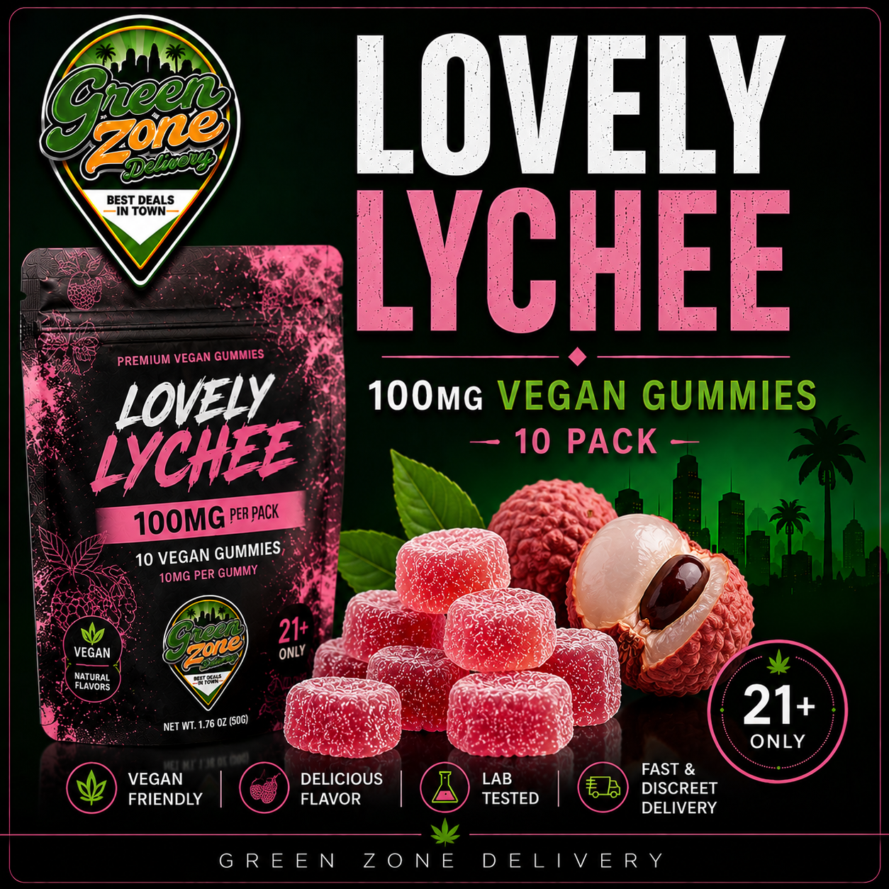 Lovely Lychee 100mg Vegan Gummies Green Zone Delivery Product Image