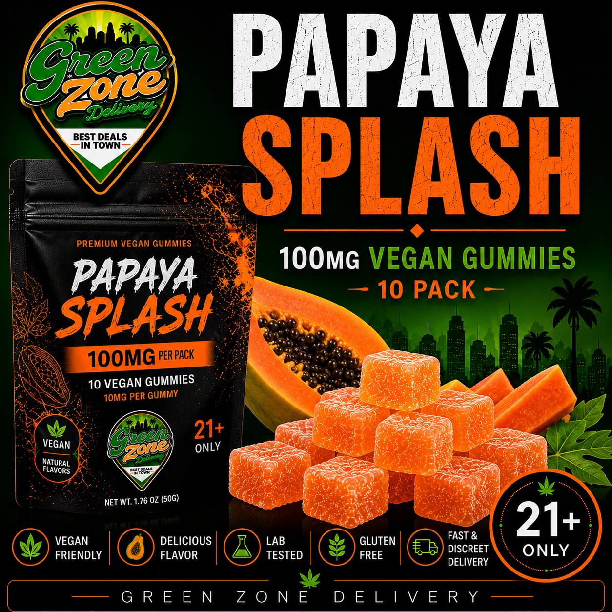 Papaya Splash 100mg Vegan Gummies Green Zone Delivery Product Image