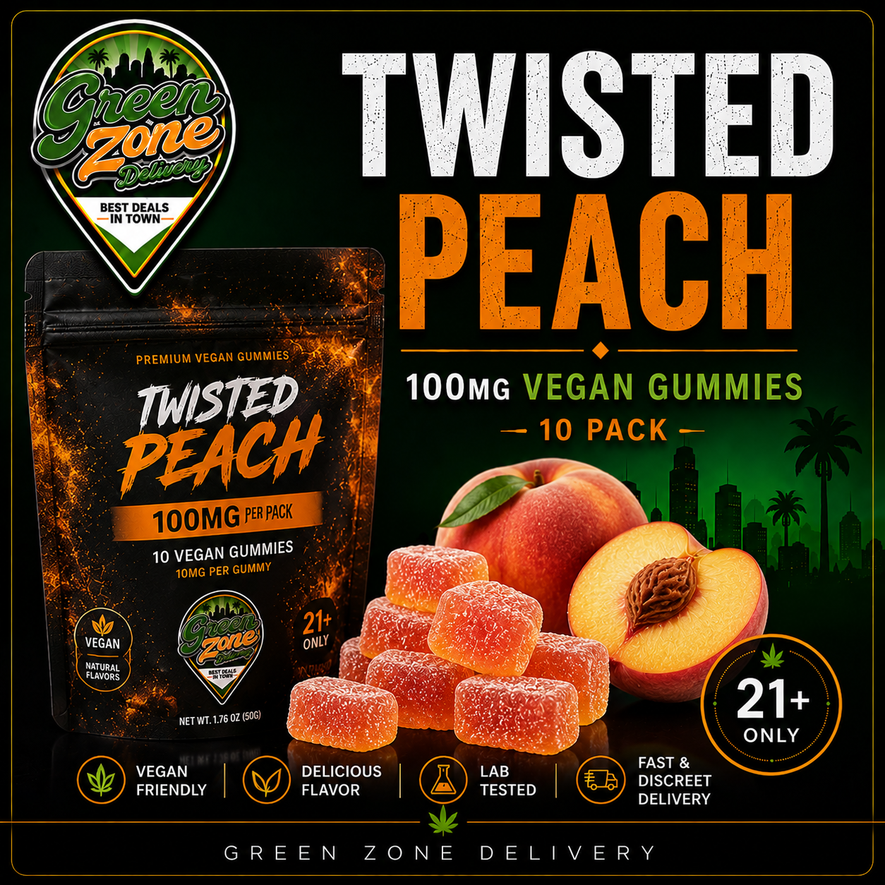 Twisted Peach 100mg Vegan Gummies Green Zone Delivery Product Image