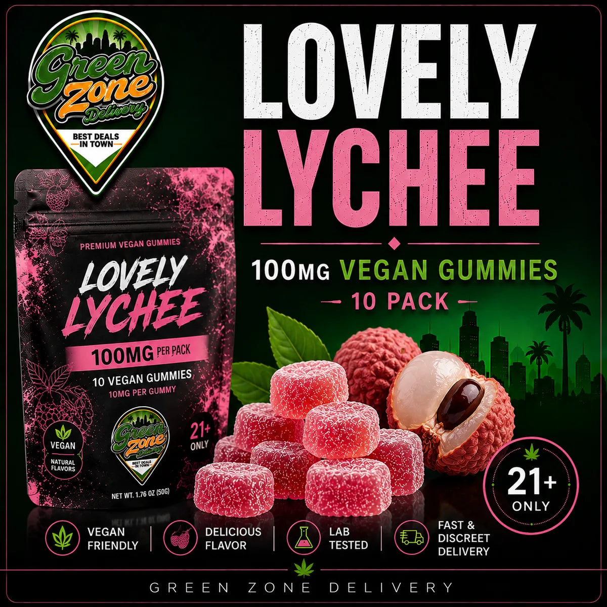 Lovely Lychee 100mg Vegan Gummies Green Zone Delivery Product Image
