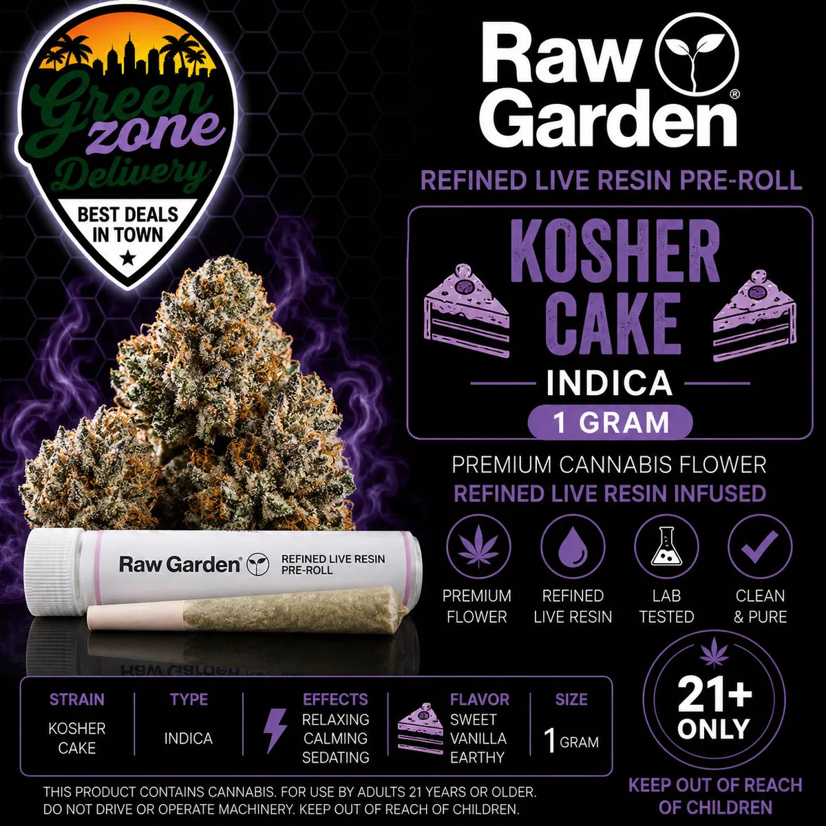 Raw Garden Kosher Cake Refined Live Resin Pre-Roll 1g Indica product image