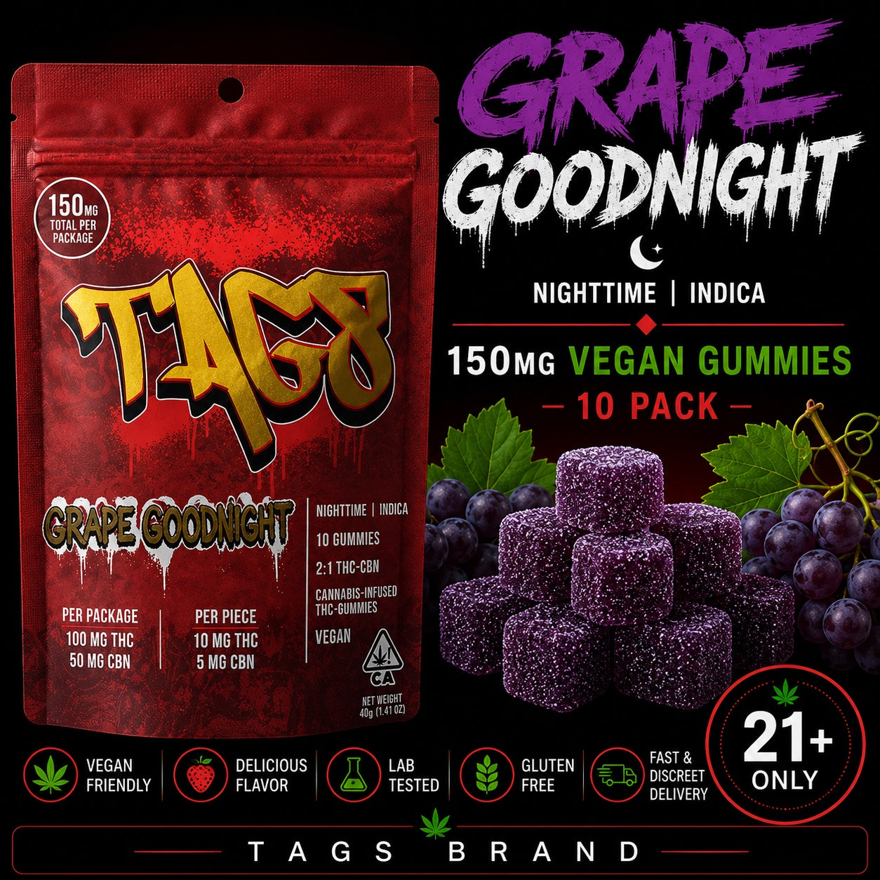 TAGS Grape Goodnight 150mg Vegan Gummies 10 Pack