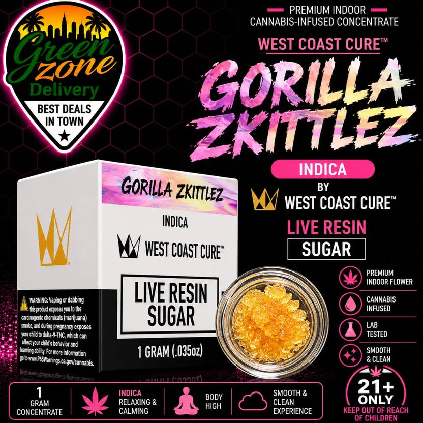 West Coast Cure Gorilla Zkittlez Live Resin Sugar 1g Green Zone Delivery Product Image