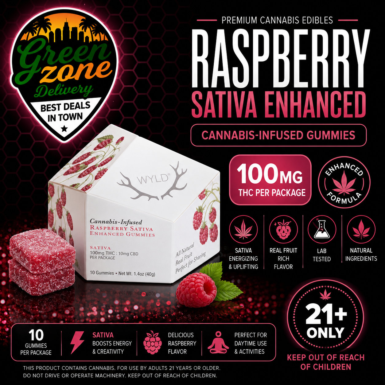WYLD Raspberry Sativa Enhanced Gummies 100mg product image