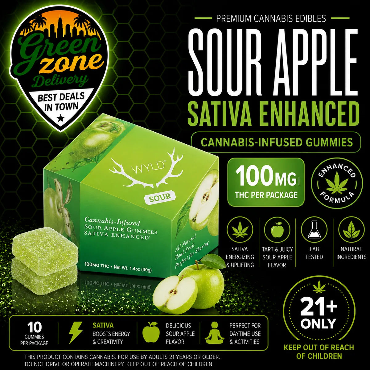 WYLD I Sour Apple Sativa Enhanced Gummies | 100mg