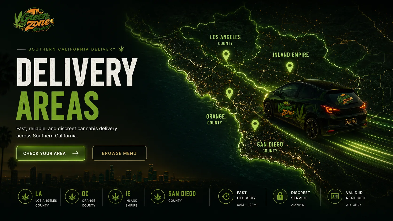 A night map of Southern California traced in green light, with markers over Los Angeles, Orange County, the Inland Empire and San Diego and a Green Zone branded delivery car driving along the glowing coast